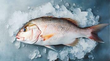 A snapper fish. Raw fish snapper with lemon on ice background. Generative Ai photo