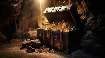Pirates treasure chest in cave. Generative Ai photo