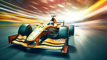 Formula 1, Racing car at high speed. Motor sports competitive team racing wit motion blur background. Generative Ai photo
