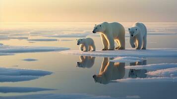 polar oso sembrar y cachorro caminar en hielo témpano de hielo en ártico océano. generativo ai foto