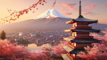 Mount Fuji and Chureito pagoda at sunset, japan in the spring with cherry blossoms. Mountain Fuji. Generetive Ai photo