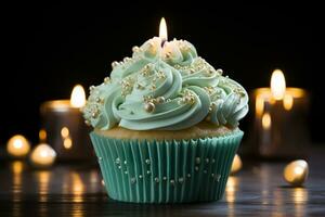 Cupcake beauty Blue candle and heart, crowned by green cupcakes with cream cheese AI Generated photo