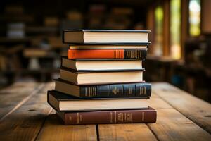 E book reader and hardcover books coexist on wooden surface, forming a reading oasis AI Generated photo