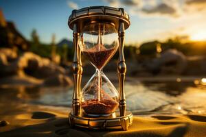 An hourglass marking time on the beachs sand AI Generated photo