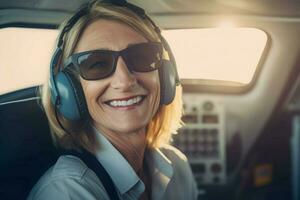 Smiling woman pilot in sunglasses. Generate Ai photo