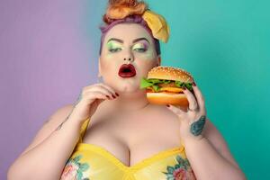 Fat woman with big hamburger. Generate Ai photo