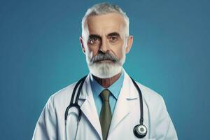 Mature senior doctor blue background. Generate Ai photo