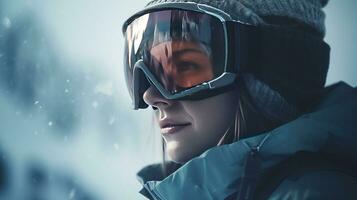 Skier in glasses close-up, background of snow-covered ski peaks of the mountains. AI generated. photo
