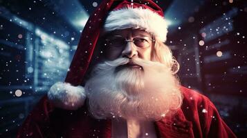 Christmas Santa Claus in new year close-up, dark abstract space background. AI generated. photo