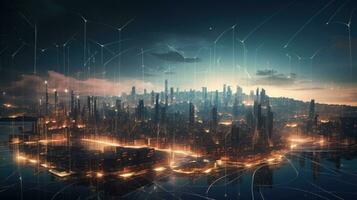 Digital society of future. Modern technological city. AI generated. photo
