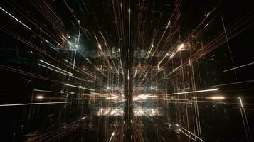 Quantum space explosion, colorful lines abstract scientific visualization, dark background. AI generated. photo