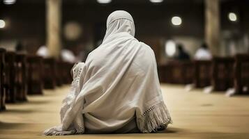 Muslim man praying in nature, in mosque to god, islamic arabic religion. AI generated. photo