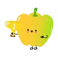 Colored Apple hold gold trophy cup. Vector hand drawn cartoon kawaii character illustration icon. Isolated on white background. Colored Apple with winner trophy cup