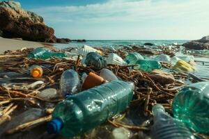 usado el plastico botellas camada el playa, acentuando ambiental contaminación preocupaciones ai generado foto