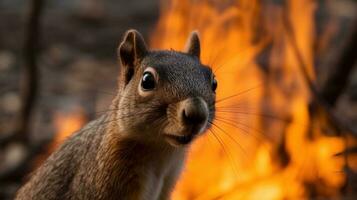 Frightened animal squirrel on the background of a fire in the forest. AI generated. photo