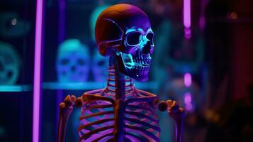 Human skeleton in neon light, dark background. Scientific body anatomy. AI generated. photo