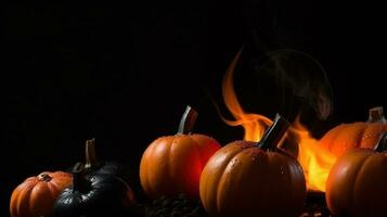 Halloween, fire pumpkin in flame, dark background, mystical composition. AI generated. photo