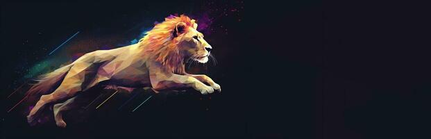 Neon abstract graphic contours of a lion in a jump, a wild animal. Dark background isolate. AI generated. photo