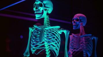 Human skeleton in neon light, dark background. Scientific body anatomy. AI generated. photo