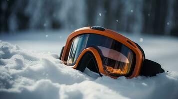 Ski goggles on snow closeup, mountain background. Active recreation, winter sports. AI generated. photo