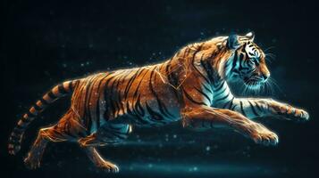 Neon abstract graphic contours of a tiger in a jump, a wild animal. Dark background isolate. AI generated. photo