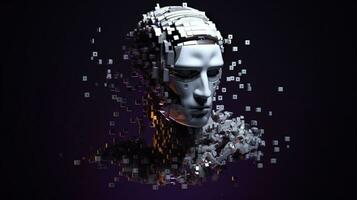 Artificial intelligence. Scattering head profile of a chrome-plated robot, black background. AI generated. photo