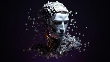 Artificial intelligence. Scattering head profile of a chrome-plated robot, black background. AI generated. photo