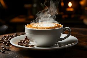 Steaming coffee in white cup, resting on a saucer AI Generated photo