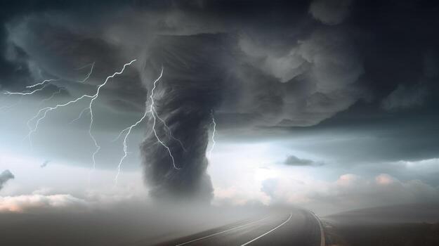 Destructive tornado funnel, natural cataclysm disaster. AI generated. photo