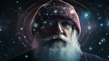 Christmas Santa Claus in new year close-up, dark abstract space background. AI generated. photo