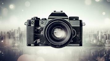 World photography day, vintage camera on background, professional hobby. AI generated. photo