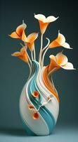 Vase with beautiful flowers on table against gray wall AI Generative photo