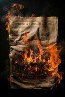 Burning Newspaper at night time AI Generative photo