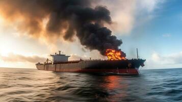 Burning oil cargo tanker in the ocean, sea. Export import of goods. Commercial delivery. AI generated. photo