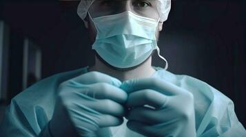 Surgeon doctor close-up in a mask, dark blue background isolate. Medical assistance to patients. AI generated. photo