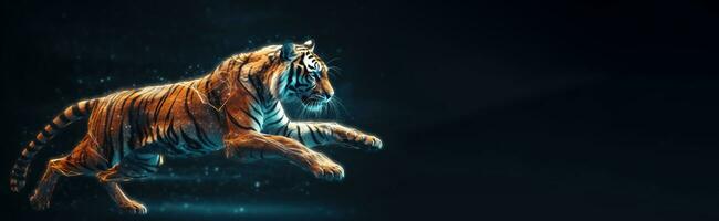 Neon abstract graphic contours of a tiger in a jump, a wild animal. Dark background isolate. AI generated. photo