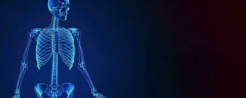 Human skeleton in lamp light, blue background. Scientific body anatomy. AI generated. photo