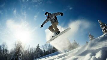 snowboarder en un extremo saltar desciende desde esquí montaña. ai generado. foto