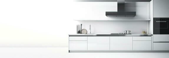 Modern white kitchen, minimalist interior design on white background isolate. AI generated. photo
