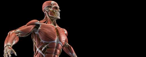 Anatomical structure of muscular system of human body, dark background. AI generated. photo