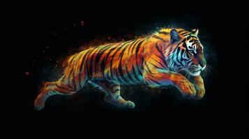 Neon abstract graphic contours of a tiger in a jump, a wild animal. Dark background isolate. AI generated. photo