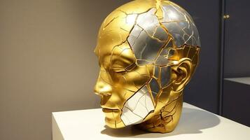 Kintsuki, Japanese ceramic head glued with gold. Concept of not constancy, imperfection of world. AI generated. photo