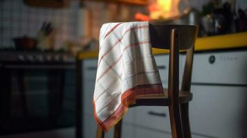 Close-up of kitchen chair with towel, napkin on spike against backdrop o kitchen interior. AI generated. photo
