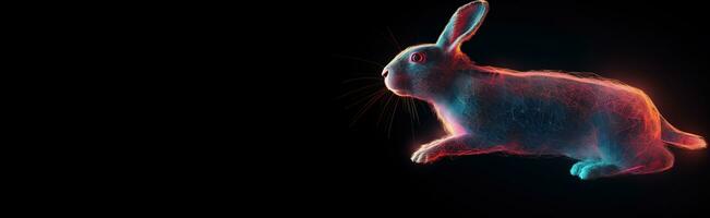 Neon abstract graphic outline of rabbit in jump, wild animal. Dark background isolate. AI generated. photo