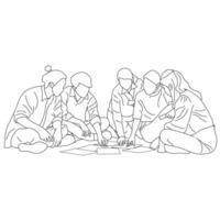 line art of a group of students together in a circle engaged in a lively discussion vector