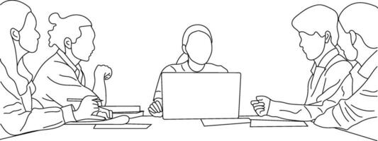 Line art of businesspeople meeting in an office working together isolated on a white background. vector