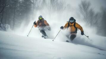 Group of skiers athletes compete going down from ski mountain. AI generated. photo