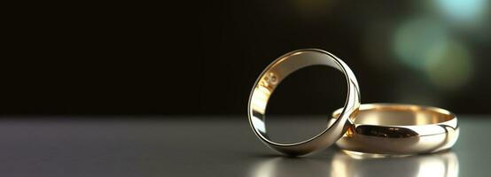 dos compromiso Boda ceremonial joya anillos con piedras, borroso antecedentes. ai generado. foto