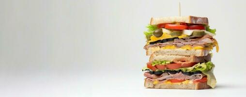 Fresh sandwich with ham, cheese, tomatoes, fast food on white background, isolate. AI generated. photo