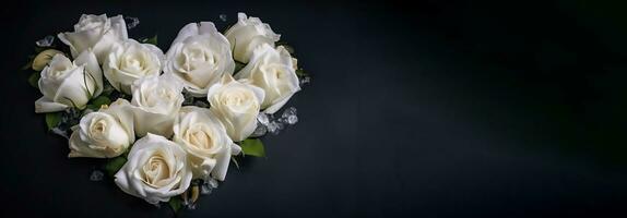 White roses in the form of a heart, greeting card for the wedding, Valentine. AI generated. photo